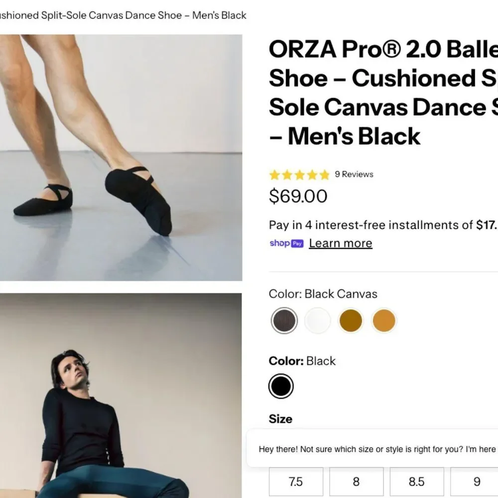ORZA Pro® 2.0 Ballet Shoe – Cushioned Split-Sole Canvas Dance Shoe – Men's Black